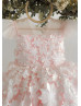 White Floral Appliques Pink Tulle V Back Flower Girl Dress